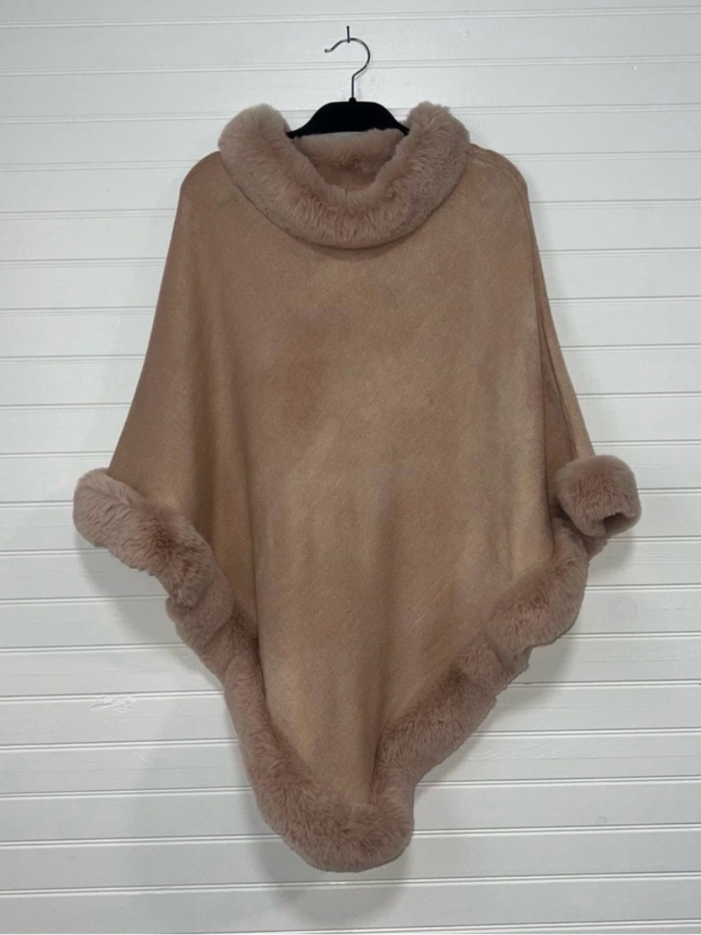 Cozy Faux-Fur Trim Poncho Sweater - Taupe